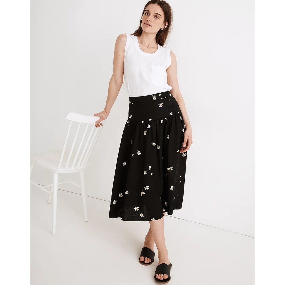 Madewell Linen Blend Buttoned Yoke Midi Skirt Size 4 Lazy Daisies NWT B68